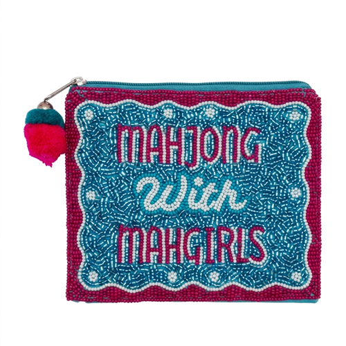 Fashion Culture pink and blue Mahjong with Mahgirls beaded zip pouch with colorful Mahjong tile motifs and fabric back.