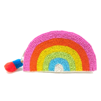 Fashion Culture rainbow beaded zip pouch featuring a colorful hand beaded rainbow design, zip top closure with multicolor pom pom zipper pull, fabric back, and compact 5.5 x 4.5 inch size for cards, cash, coins, and small essentials.
