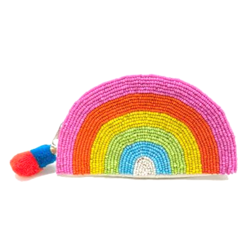 Fashion Culture rainbow beaded zip pouch featuring a colorful hand beaded rainbow design, zip top closure with multicolor pom pom zipper pull, fabric back, and compact 5.5 x 4.5 inch size for cards, cash, coins, and small essentials.