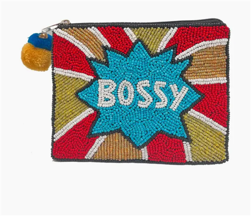 Fashion Culture hand beaded zip pouch featuring a colorful comic book inspired Bossy graphic with a multicolor pom pom zipper pull, perfect for carrying cards, cash, coins, keys, and everyday essentials..