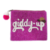 Fashion Culture handmade beaded zip pouch featuring the phrase Giddy Up with a cowboy hat on a hot pink glass beaded background, zip top closure with a pink and white pom pom zipper pull, cotton backing and lining, measuring 5.5 x 4.5 inches.