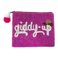 Fashion Culture handmade beaded zip pouch featuring the phrase Giddy Up with a cowboy hat on a hot pink glass beaded background, zip top closure with a pink and white pom pom zipper pull, cotton backing and lining, measuring 5.5 x 4.5 inches.