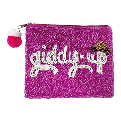Fashion Culture handmade beaded zip pouch featuring the phrase Giddy Up with a cowboy hat on a hot pink glass beaded background, zip top closure with a pink and white pom pom zipper pull, cotton backing and lining, measuring 5.5 x 4.5 inches.