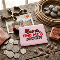 Fashion Culture handmade beaded zip pouch featuring the phrase Cupid Find Me a Cowboy with a red beaded bow on a light pink glass beaded background, zip top closure with red and black pom pom zipper pull, cotton backing and lining, measuring 5.5 x 4.5 inc