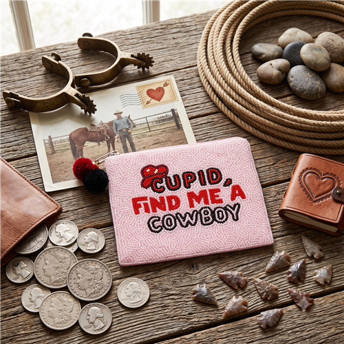 Fashion Culture handmade beaded zip pouch featuring the phrase Cupid Find Me a Cowboy with a red beaded bow on a light pink glass beaded background, zip top closure with red and black pom pom zipper pull, cotton backing and lining, measuring 5.5 x 4.5 inc