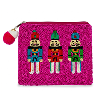 Fashion Culture colorful Nutcracker beaded coin pouch with festive Christmas soldier motif and fabric back.
