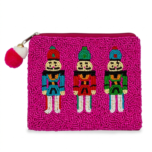 Fashion Culture colorful Nutcracker beaded coin pouch with festive Christmas soldier motif and fabric back.