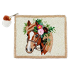 Fashion Culture handmade beaded zip pouch featuring a detailed horse portrait with a colorful floral crown on an ivory beaded background, zip top closure with pom pom zipper pull, cotton lining, and a compact 5.5 x 4.5 inch silhouette for cards, cash, coi