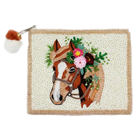 Fashion Culture handmade beaded zip pouch featuring a detailed horse portrait with a colorful floral crown on an ivory beaded background, zip top closure with pom pom zipper pull, cotton lining, and a compact 5.5 x 4.5 inch silhouette for cards, cash, coi