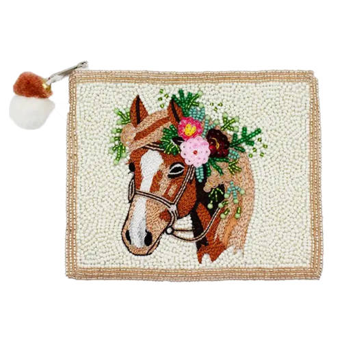 Fashion Culture handmade beaded zip pouch featuring a detailed horse portrait with a colorful floral crown on an ivory beaded background, zip top closure with pom pom zipper pull, cotton lining, and a compact 5.5 x 4.5 inch silhouette for cards, cash, coi