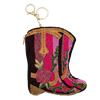 Fashion Culture pink cowboy boot shaped beaded pouch featuring colorful Western and floral details with an attached silver tone key ring.