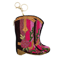 Fashion Culture pink cowboy boot shaped beaded pouch featuring colorful Western and floral details with an attached silver tone key ring.