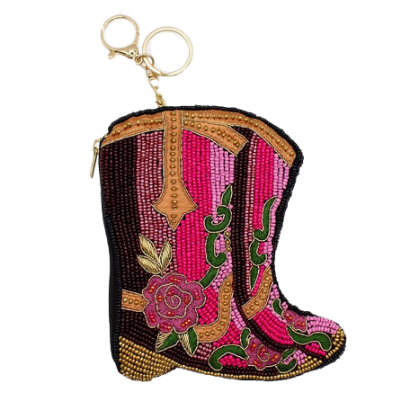 Fashion Culture pink cowboy boot shaped beaded pouch featuring colorful Western and floral details with an attached silver tone key ring.