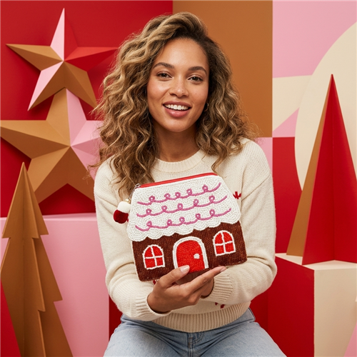 Fashion Culture multicolor gingerbread house beaded coin pouch with candy inspired Christmas details and fabric back.