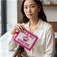 Fashion Culture Mahjong Queen beaded zip pouch featuring pink and white hand beaded design with crown motif, zip-top closure, pom pom zipper pull, and fabric back panel.