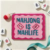 Fashion Culture Mahjong Is Mah Life beaded zip pouch featuring pink, blue, and white hand beaded lettering, zip-top closure, pom pom zipper pull, and fabric back panel.