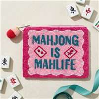 Fashion Culture Mahjong Is Mah Life beaded zip pouch featuring pink, blue, and white hand beaded lettering, zip-top closure, pom pom zipper pull, and fabric back panel.