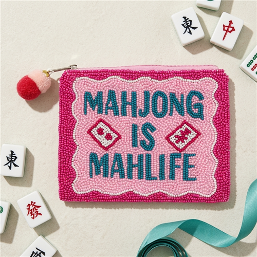 Fashion Culture Mahjong Is Mah Life beaded zip pouch featuring pink, blue, and white hand beaded lettering, zip-top closure, pom pom zipper pull, and fabric back panel.