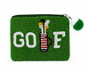 Fashion Culture handmade golf beaded zip pouch featuring a green hand beaded GOLF design with golf bag graphic, zip top closure with green pom pom zipper pull, 100 percent cotton backing and lining, measuring 5.5 x 4.5 inches.
