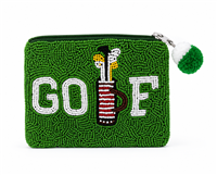 Fashion Culture handmade golf beaded zip pouch featuring a green hand beaded GOLF design with golf bag graphic, zip top closure with green pom pom zipper pull, 100 percent cotton backing and lining, measuring 5.5 x 4.5 inches.