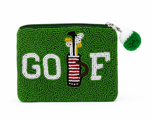 Fashion Culture handmade golf beaded zip pouch featuring a green hand beaded GOLF design with golf bag graphic, zip top closure with green pom pom zipper pull, 100 percent cotton backing and lining, measuring 5.5 x 4.5 inches.