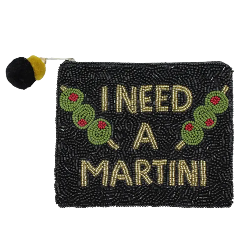 Fashion Culture black hand beaded zip pouch featuring the phrase "I Need A Martini" with colorful martini olive beadwork, dual pom pom zipper pull, and a compact size for cards, coins, cash, and small essentials.