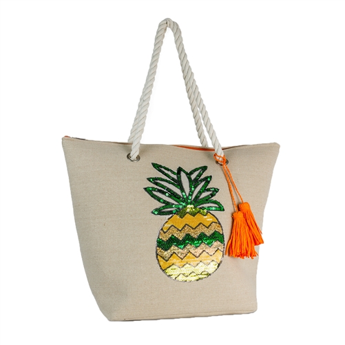 Magid Sequin Pineapple Canvas Tote Beach Bag