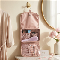 Diagonal Quilted Toiletry Case, Rose Pink Hanging Travel Organizer For Women, Elegant Folding Makeup Bag With Hook Cosmetic Beauty Kit Pouch