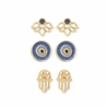 Zad Jewelry Spiritual Journey Protection Lotus, Evil Eye & Hamsa Stud Earrings Set of 3