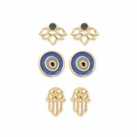Zad Jewelry Spiritual Journey Protection Lotus, Evil Eye & Hamsa Stud Earrings Set of 3