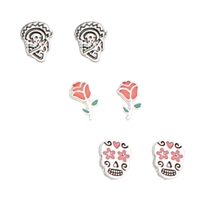 Zad Jewelry Day Of The Dead Set of 3 Rose Sugar Skull Stud Earrings