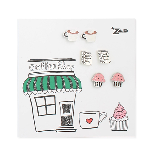 Zad Jewelry Coffee Shop Set of 3 Stud Earrings