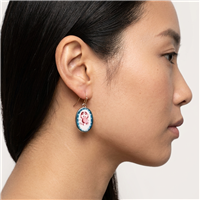 Zad Jewelry Bay oval drop earrings featuring pink crab illustrations on white enamel centers with blue borders and gold tone fish hook ear wires.