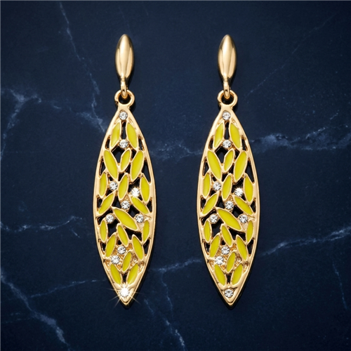 Amrita Singh St. Clara 2 inch gold tone drop earrings with vibrant yellow botanical openwork details and sparkling clear Austrian crystal accents.