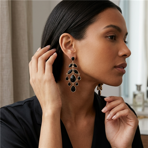Amrita Singh Brenna 4 inch chandelier earrings featuring faceted jet black Austrian crystals in graduated marquise and teardrop shapes with gold tone settings.