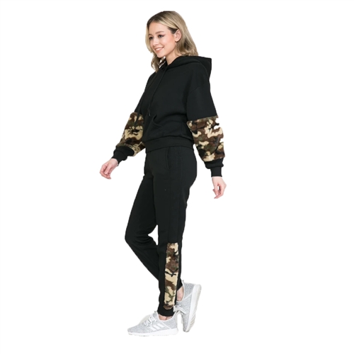 Tracksuit Hoodie Slim Jogger Pants Camoflauge Faux Fur Contrast 2 Piece Set