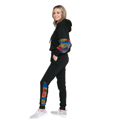 Tracksuit Hoodie Slim Jogger Pants Camoflauge Faux Fur Contrast 2 Piece Set