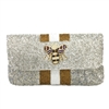 Fashion Culture silver and white beaded clutch featuring a queen bee motif, metallic gold stripe accents, snap flap closure, lined interior, and removable chain crossbody strap.