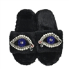 Beaded Evil Eye & Rhinestone Plush Faux Fur Slide Slippers