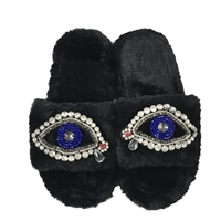 Beaded Evil Eye & Rhinestone Plush Faux Fur Slide Slippers