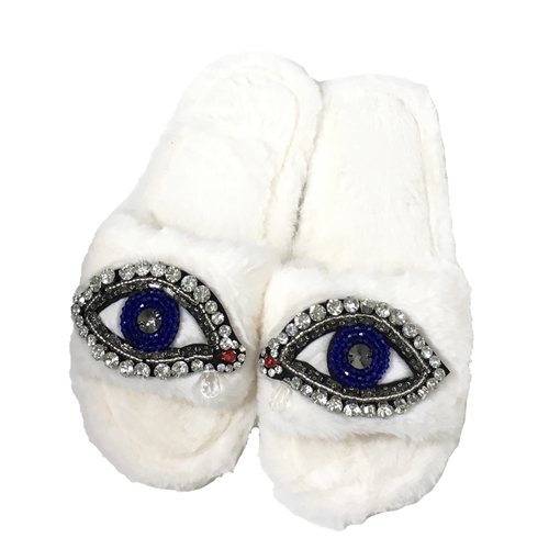 Beaded Evil Eye & Rhinestone Plush Faux Fur Slide Slippers