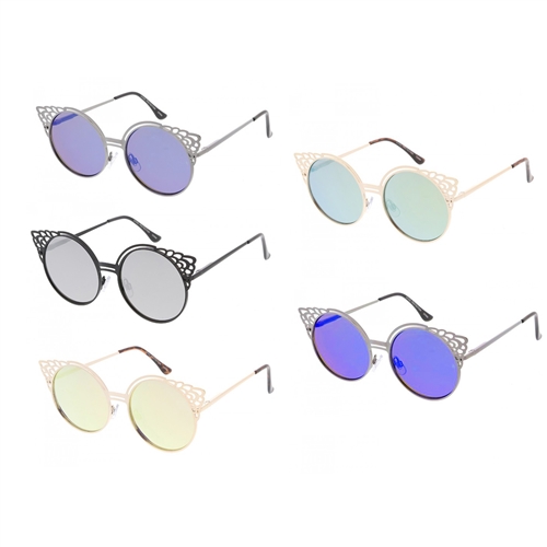 Fleur Cut Out Round Cat Eye Mirrored Sunglasses