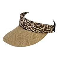 Leopard Trim Packable Wide Brim Straw Sun Visor