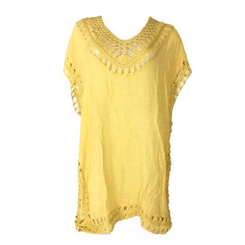 Crochet Trim Yellow Beach Tunic Swim Cover Up