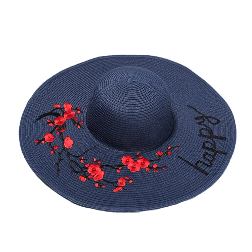 Happy' Floral Embroidered Wide Brim Sun Hat