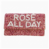 Fashion Culture Rose All Day fold over clutch featuring pink hand beaded construction, white statement lettering, fold over design, fabric lined interior, and detachable chain crossbody strap.