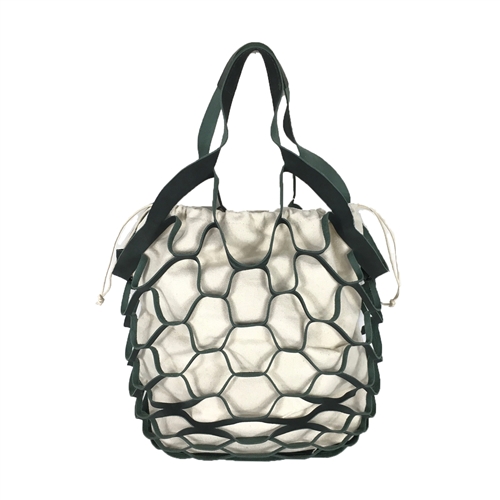 Fashion Culture forest green tote bag featuring a geometric open-weave nubuck and synthetic leather exterior, removable canvas drawstring pouch, double shoulder straps, flat base, and collapsible travel-friendly design.