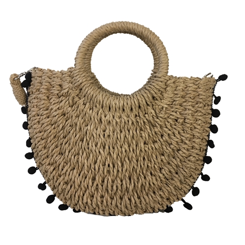 Pala Pom Pom Woven Straw Circle Handle Mini Tote Crossbody