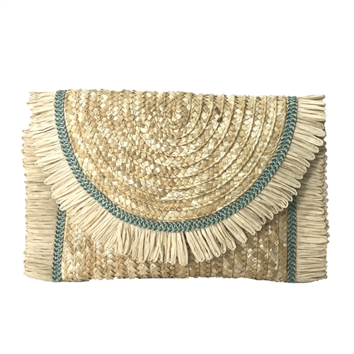 Fashion Culture Junia Woven Straw Fringe Trim Clutch