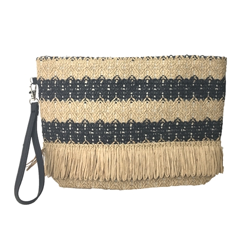 Fashion Culture Bree Striped Crocheted Straw Fringe Wristlet Clutch